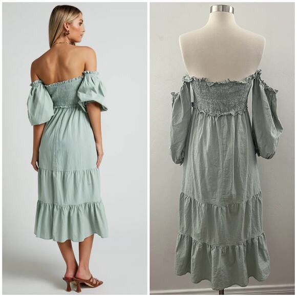 Showpo Nikka Shirred Off The Shoulder Puff Sleeve Midi Dress in Sage Size 10 - Picture 10 of 10